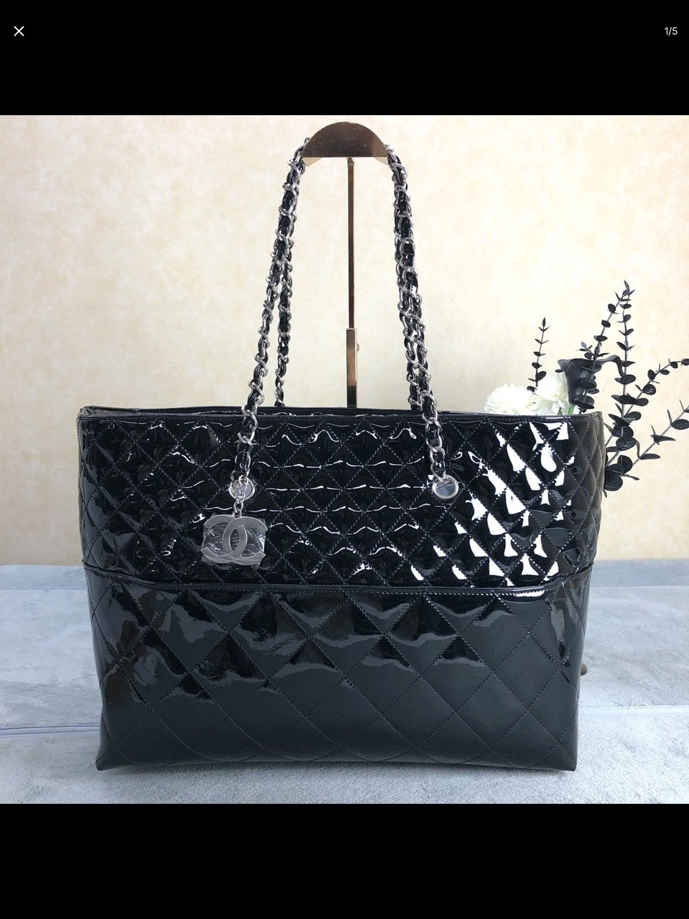 CHANEL Black Quilted Patent Leather Chain-Handle Tote/rare find
